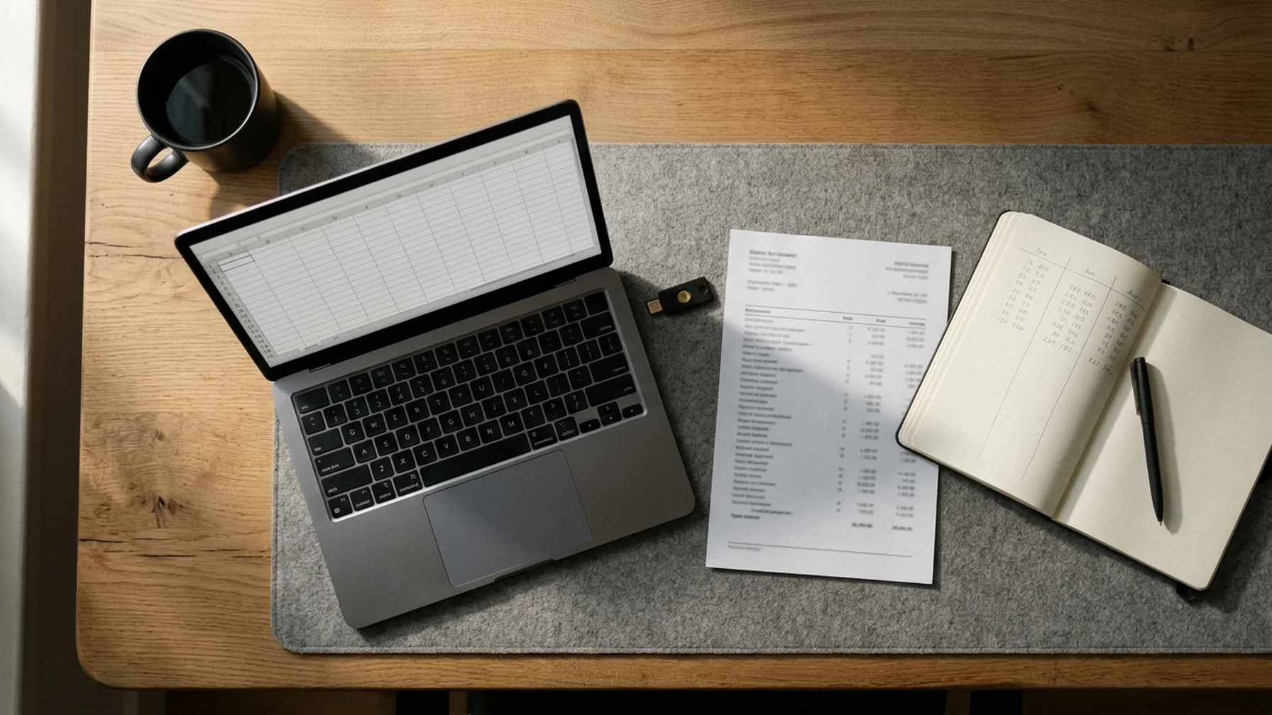 A finance team's desk with a laptop showing a balance sheet, a printed bank statement, a hardware security key and a cup of coffee, lit by morning window light.