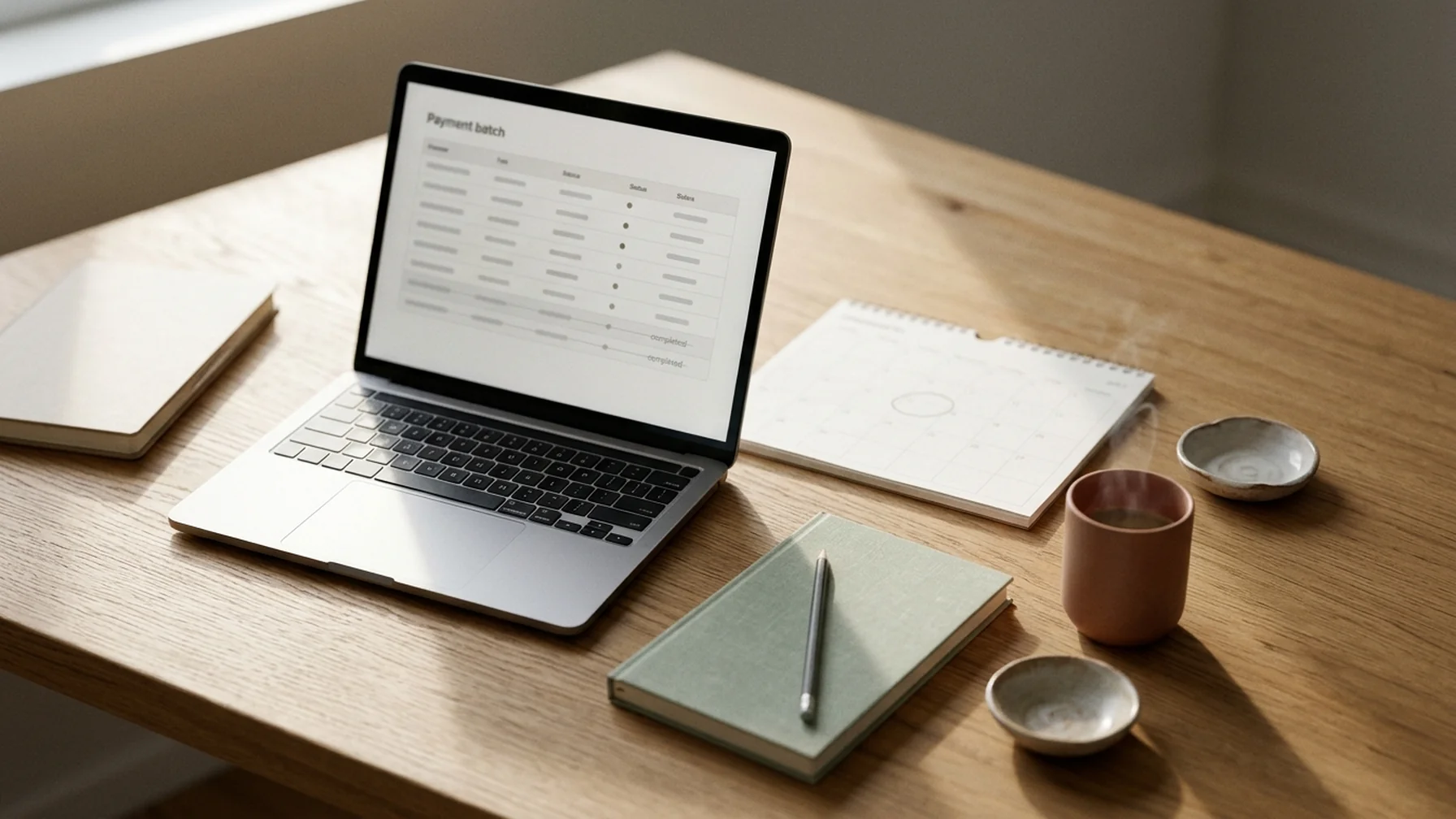 A laptop on a wooden desk showing a batch payment queue with several rows marked as sent, beside a paper calendar with a Friday circled in pencil, morning light from a window