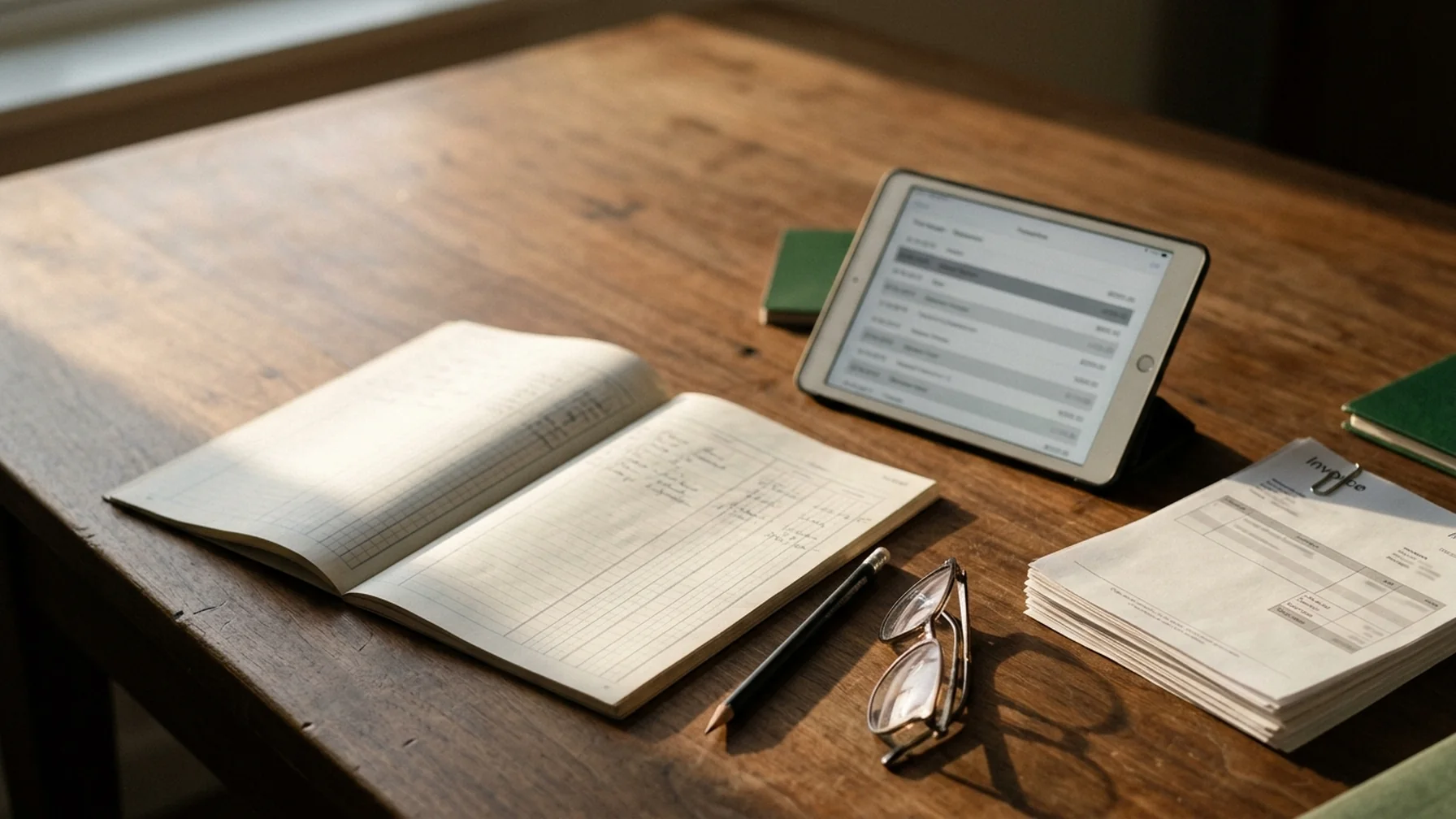 An accountant's desk with an open ledger book, a stack of invoices clipped together, and a tablet showing a list of dated transactions, natural daylight from a side window